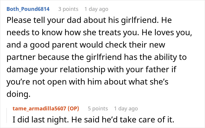 Online text conversation showing a mom blaming her daughter for picking dad in the divorce and refusing involvement.