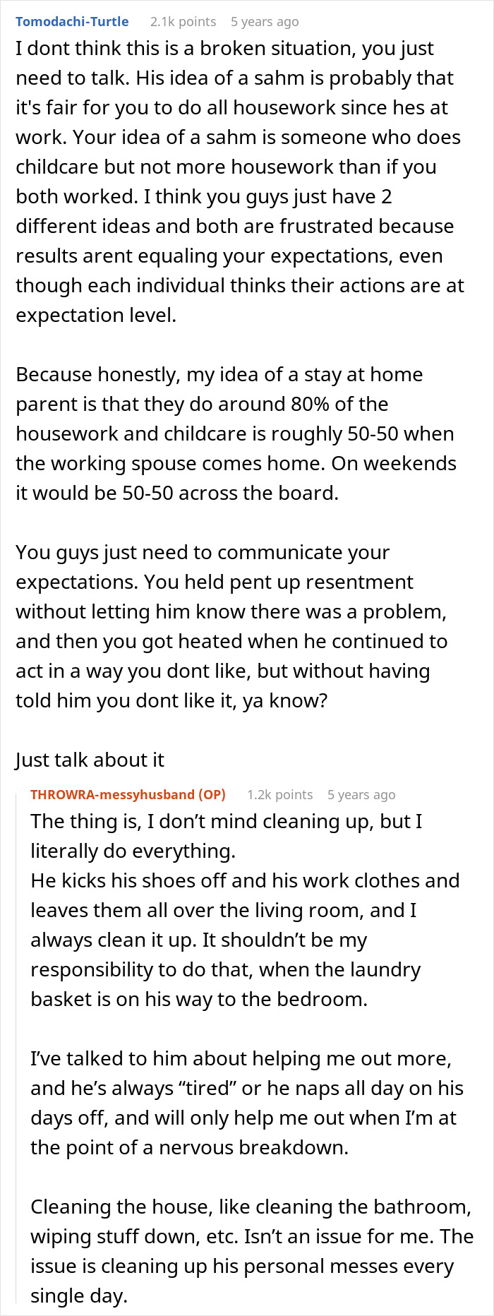 Reddit comment discussing household chores and a husband claiming his wife doesn’t do anything at home. Reddit comment discussing household chores and a husband claiming his wife doesn’t do anything at home.