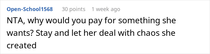 Screenshot of an online comment arguing against paying for a hotel to help a roommate lie to her conservative family.
