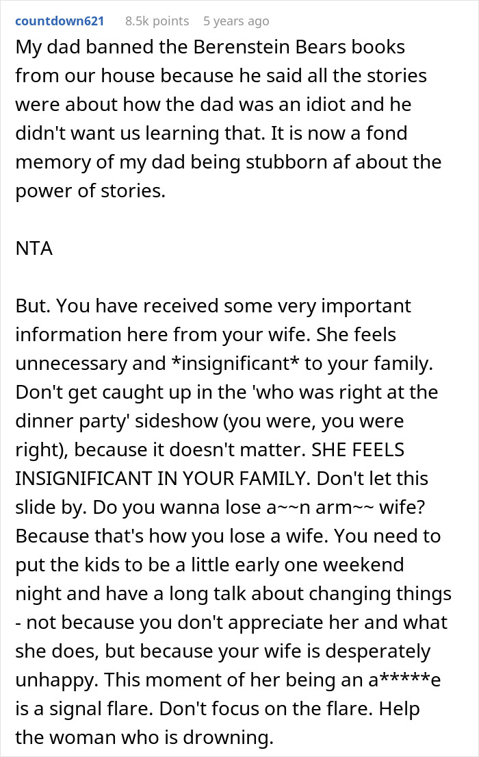 Reddit comment screenshot about Guy embarrasses wife, long advice telling husband not to dismiss wife's feelings, NTA