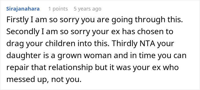 Comment discussing a dad feeling guilty for distancing himself from daughter during messy divorce, revealing a heartbreaking truth.
