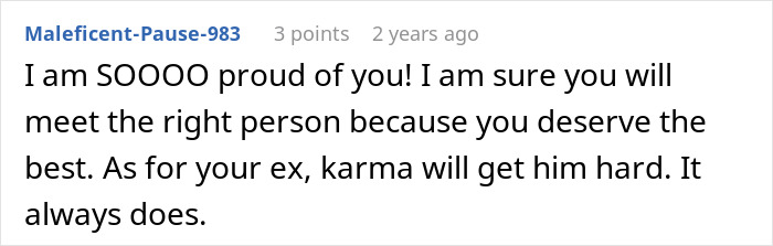 Comment expressing pride and support for moving on from a lying boyfriend who went on a trip with a female friend.