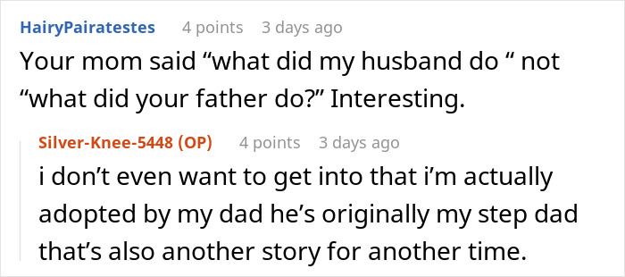 Screenshot of a Reddit conversation about a dad&rsquo;s mistress texting his adult daughter revealing a months-long affair.
