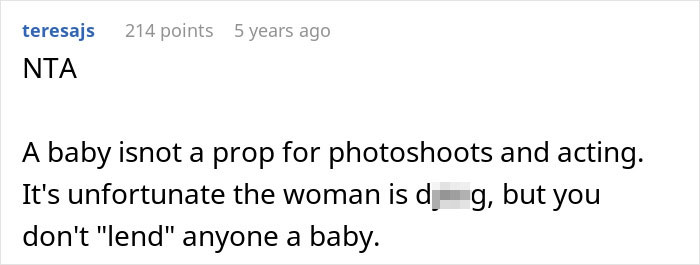 Screenshot of an online comment discussing a cousin with cancer wanting to borrow a baby to experience motherhood.