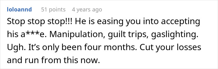 Screenshot of a comment warning about manipulation and gaslighting in a boyfriend fearing golddiggers.