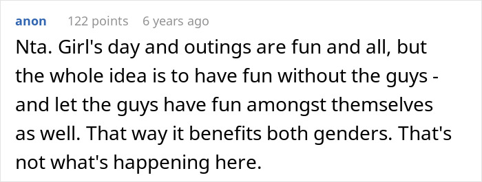 Comment discussing a guy furious after family refuses to include him in girl days, highlighting immaturity and need to grow up.