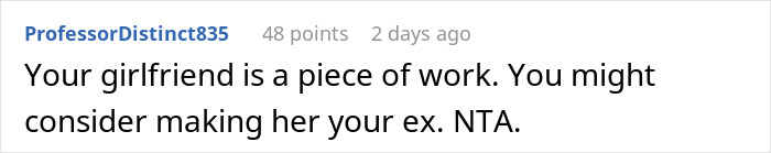 Screenshot of a comment on a post about a woman demanding her swimmer boyfriend look like her friend&rsquo;s partner, showing disagreement.