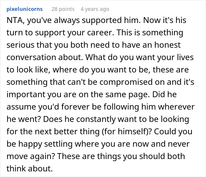 Text comment from user pixelunicorns offering advice about a woman refusing to move again after decades relocating for husband&rsquo;s career.