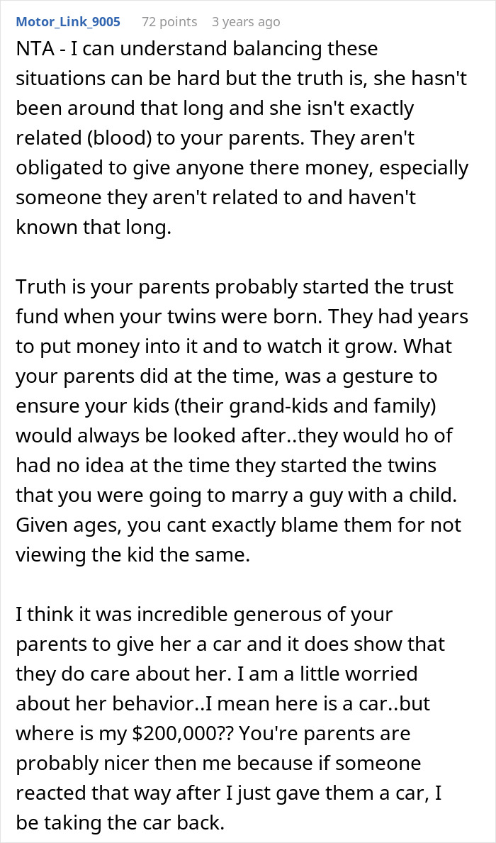 Comment discussing step-daughter trust fund fairness and parents\' generosity in providing gifts and financial support.