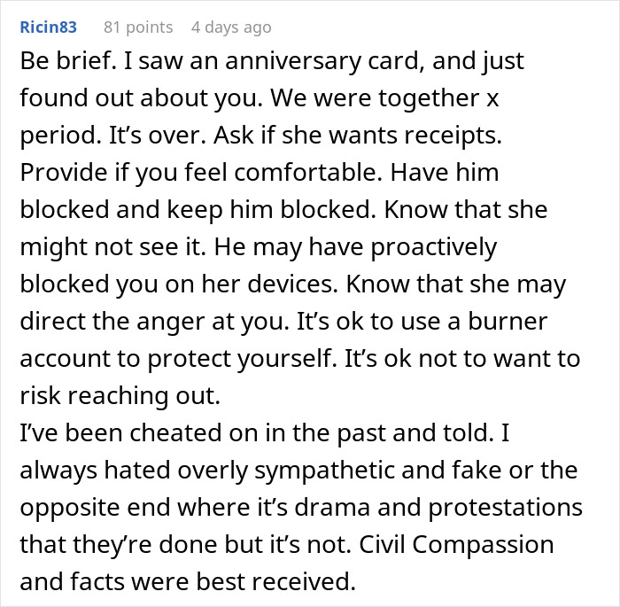 Comment advising caution and self-protection after discovering a four-year relationship was actually a mistress situation.