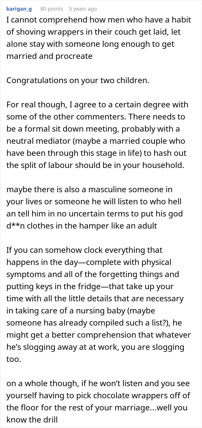 Comment discussing a man insisting his wife doesn’t do anything at home, with advice on household task sharing. Comment discussing a man insisting his wife doesn’t do anything at home, with advice on household task sharing.