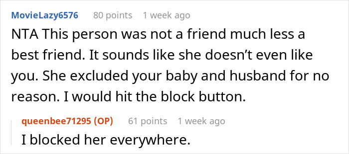 Screenshot of an online discussion about a woman banning her best friend&rsquo;s baby and husband from her engagement party.