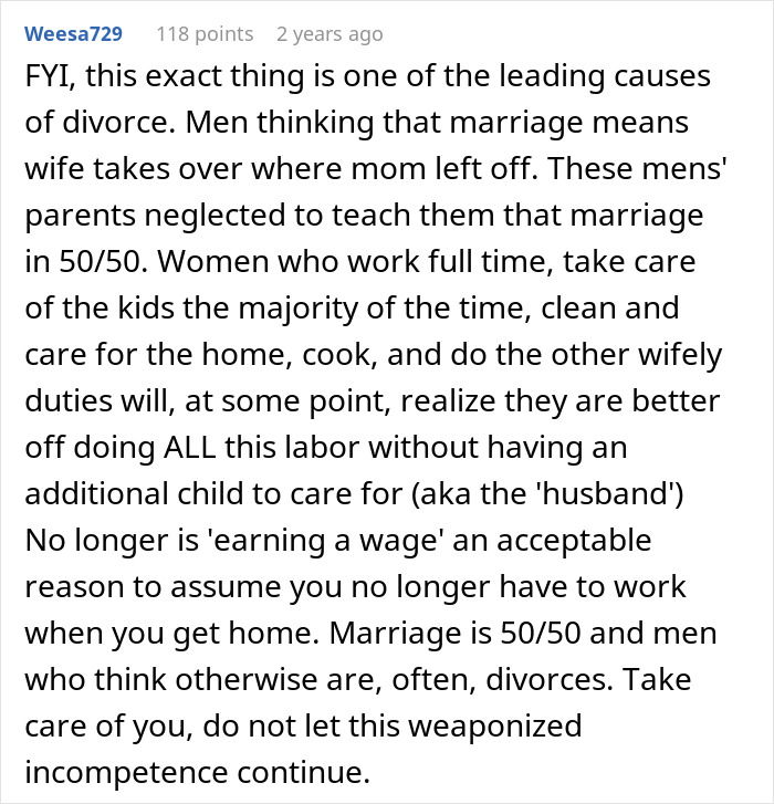 Comment discussing how a wife deciding to live like her husband causes conflict and highlights marriage equality issues.