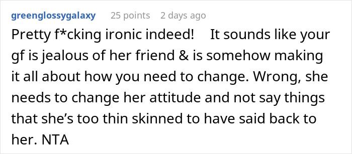 Reddit comment criticizing a woman demanding her swimmer boyfriend resemble her friend&rsquo;s partner and disliking his response.