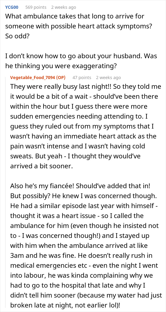 User comments discussing partner sleep habits and calling ambulance delays during a possible heart attack emergency.