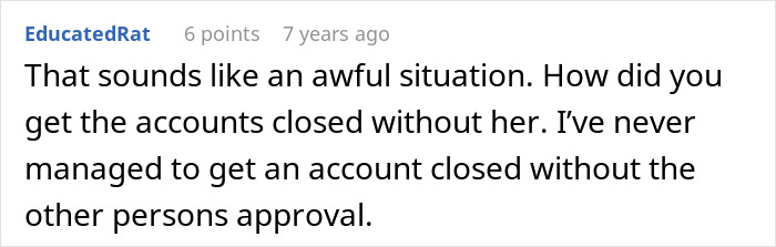 Screenshot of a Reddit comment discussing an account closure issue related to a woman&rsquo;s award winning act in court.