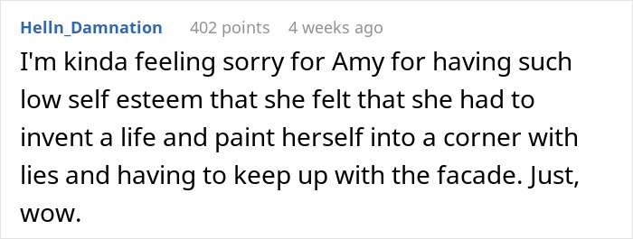 Screenshot of a Reddit comment discussing a woman who decides to lie about her career for ten years.