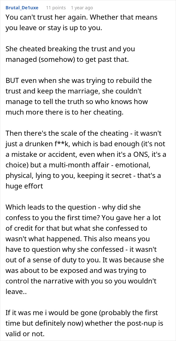 Reddit comment discussing a man discovering his wife&rsquo;s cheating was more than just one drunken night.