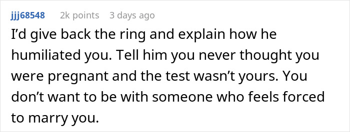 Comment discussing a man showing his true colors after assuming fianc&eacute;e is pregnant, causing shock and humiliation.