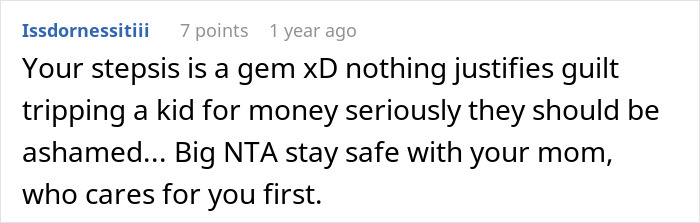 Comment praising a stepsister&rsquo;s support for a teen facing harsh criticism from stepmom over spending money.