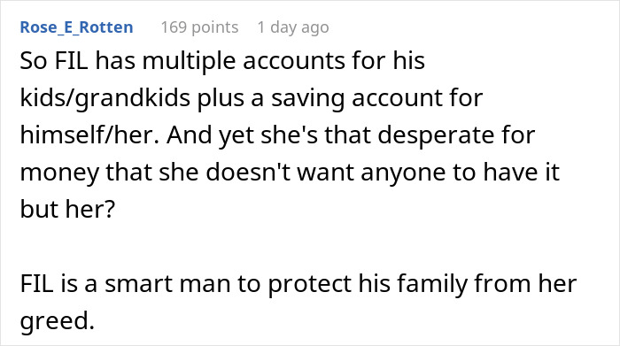 Reddit comment about FIL protecting family from greedy mom, black text on white background with username and score visible