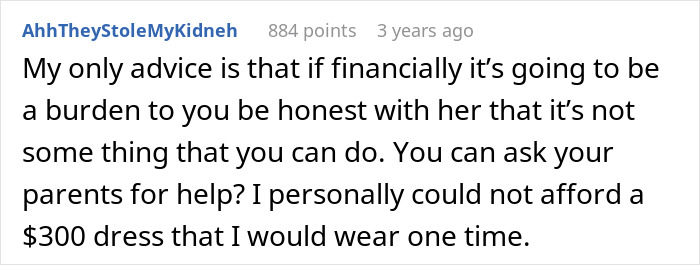 Comment discussing financial burden of buying an expensive dress amid a sister turning into a bridezilla conflict.
