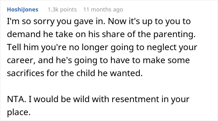 Reddit comment screenshot advising woman to demand husband share parenting; mom regrets becoming a parent, feels stuck