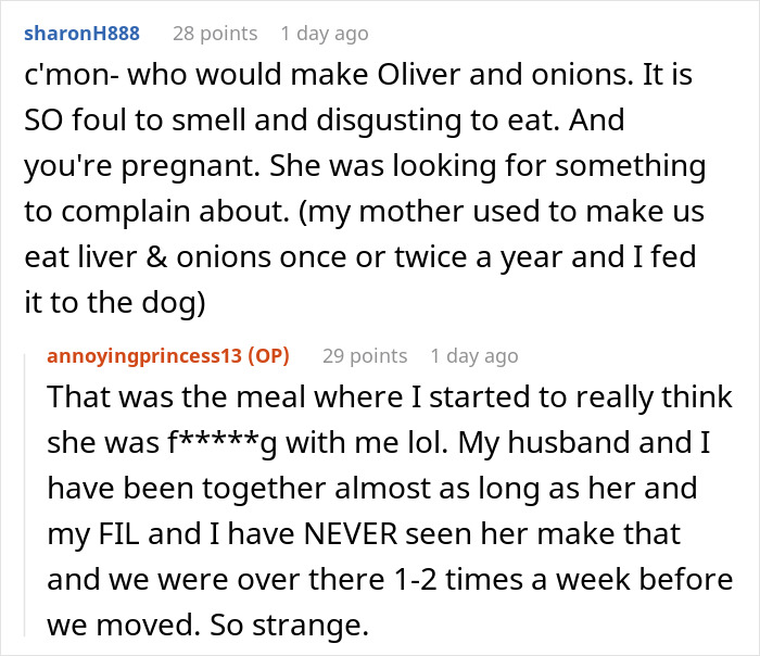Comments discussing expired food in her pantry from 1999 and a pregnant woman declining her mother-in-law&rsquo;s meals.