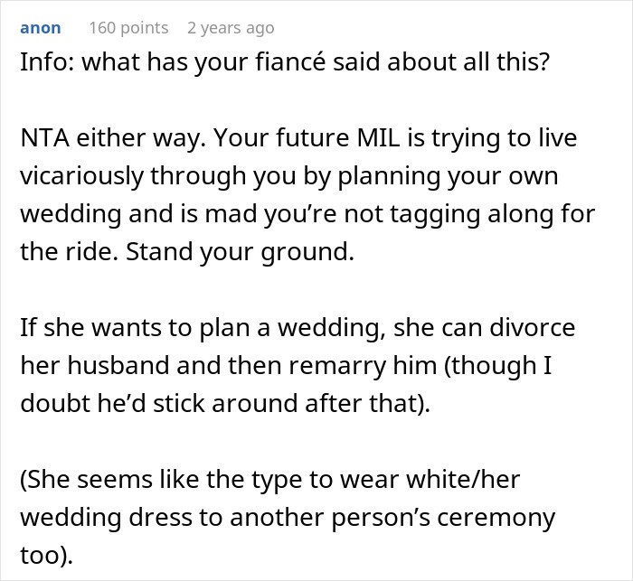Comment discussing MIL trying to hijack bride&rsquo;s wedding plans, venue, and dress, with bride standing her ground firmly.