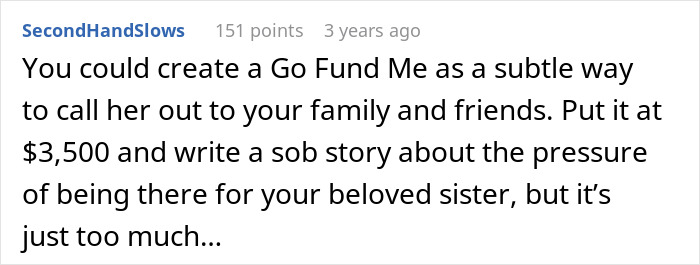 Text post discussing creating a Go Fund Me to address pressure from a sister turning into a bridezilla during family conflicts.