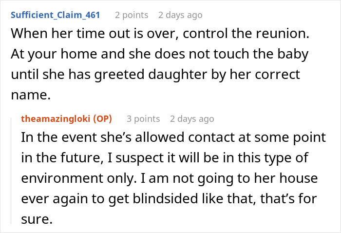 Discussion about controlling reunion by insisting MIL refuses to call baby by correct name before greeting.