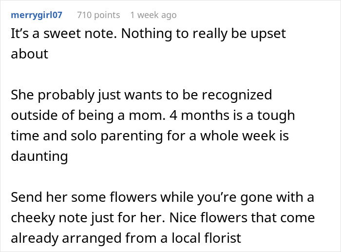Comment about husband's note to wife, discussing challenges of solo parenting and suggesting sending flowers with a cheeky note.