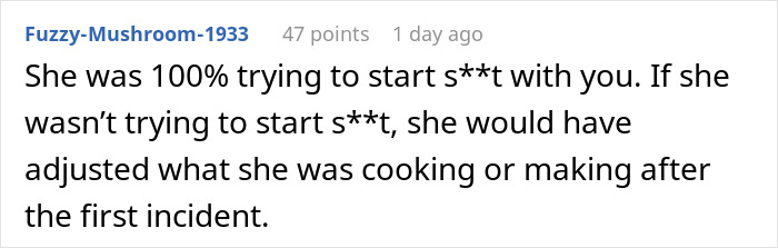 Screenshot of an online comment discussing expired food in her pantry from 1999 and a pregnant woman declining meals.