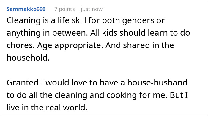 Comment emphasizing chores as essential life skills for kids, addressing chores and family dynamics online discussion.