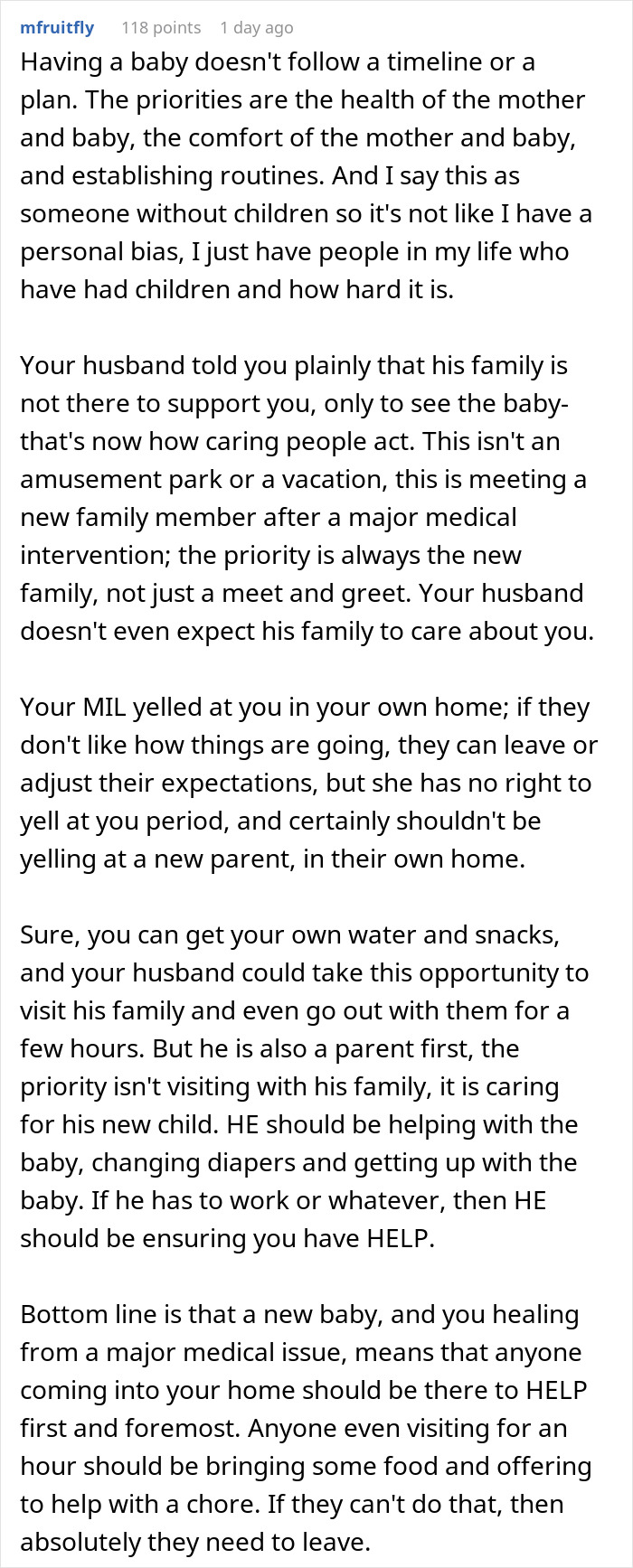 Text post discussing the challenges faced by a new mom when husband and in-laws are not helping with the baby.