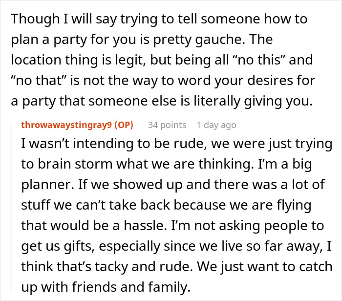 Text conversation showing a user discussing party planning and a mother-in-law&rsquo;s inappropriate baby shower idea rejection.
