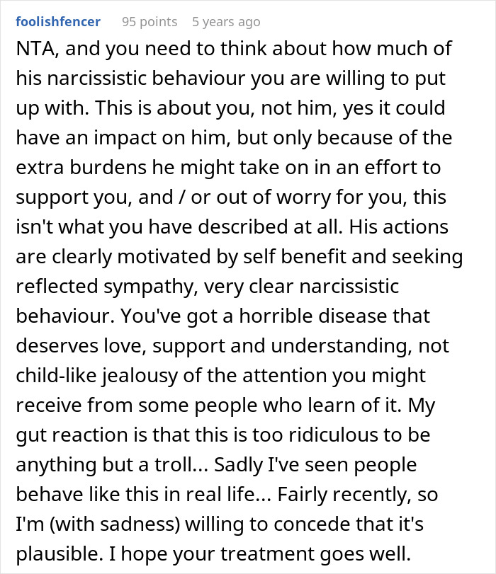 Reddit comment screenshot discussing narcissistic husband use cancer diagnosis excuses and seeking sympathy