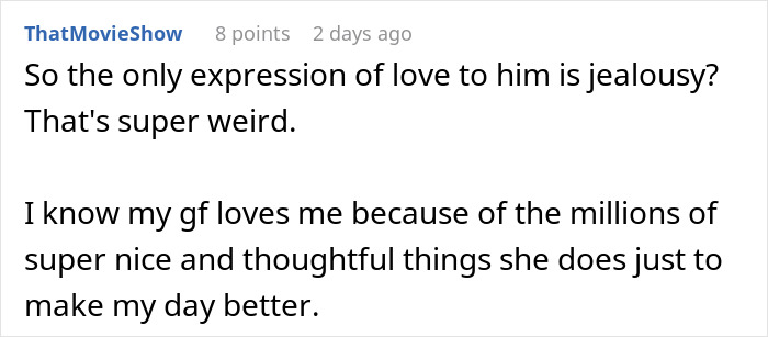 Forum user ThatMovieShow sharing thoughts on jealousy and love, expressing confusion about jealousy as a sign of affection.