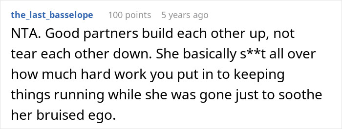 Reddit comment screenshot supporting guy embarrasses wife; user says good partners build each other up, not tear down
