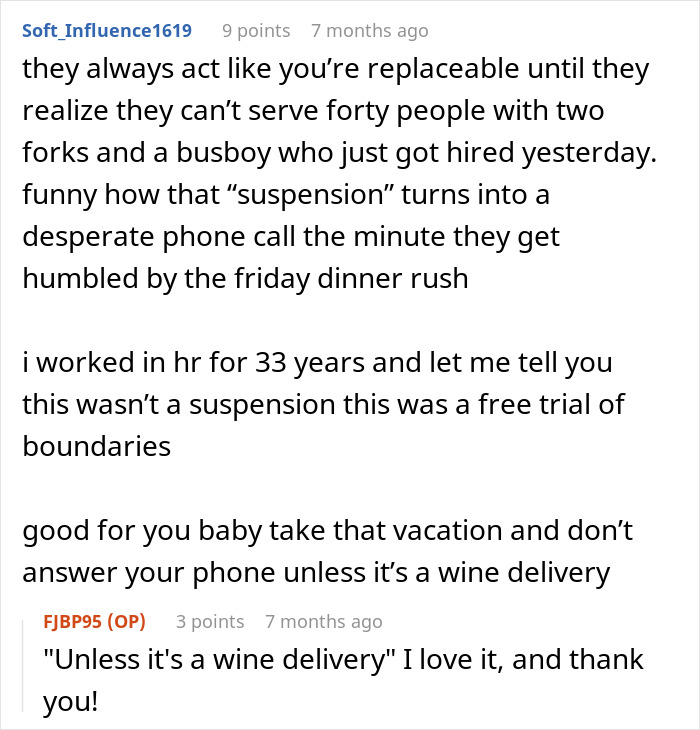 Comment discussing a boss suspending a waiter to teach a lesson during a busy Friday dinner rush.