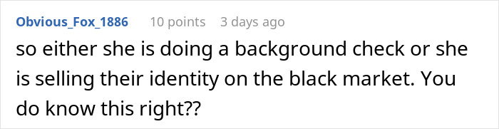 Comment on social media about a mother secretly going through her son's girlfriend's wallet, mentioning background check or identity concerns.