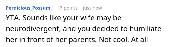 Screenshot of a comment criticizing a husband for embarrassing his wife in front of her parents, causing her to be furious.
