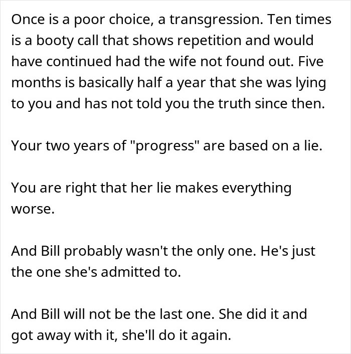 Man discovers his wife&rsquo;s cheating involved repeated lies over two years, not just one drunken night incident.