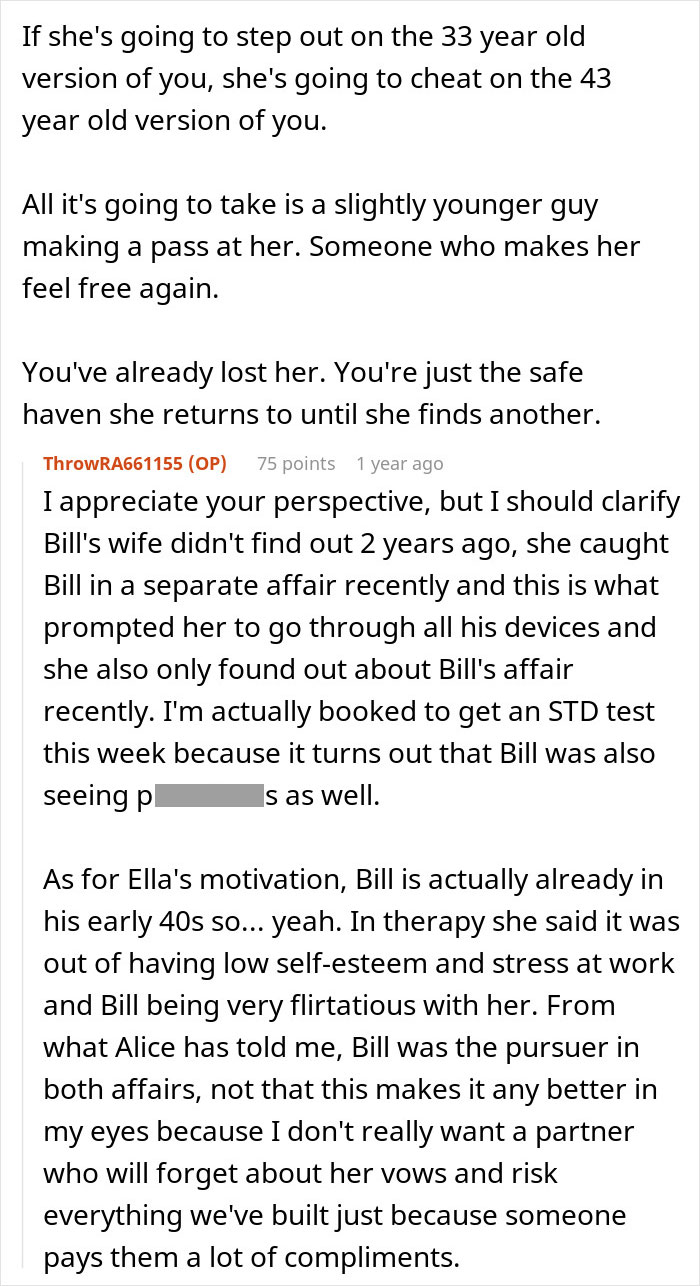 Online text post discussing a man discovering his wife&rsquo;s cheating involved multiple affairs, not one night.