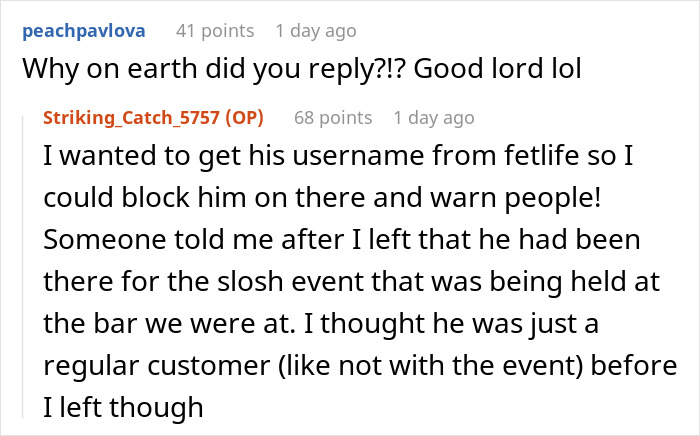 Screenshot of an online discussion about a strange guy at a relationship bar and attempts to warn others about him.