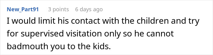 Screenshot of online comment advising limited supervised visitation to prevent badmouthing in husband blames SAHM wife financial issues.