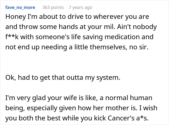 Text message expressing frustration with a mother-in-law and wishing strength in battling cancer.