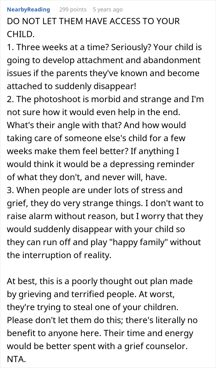 Reddit comment warning against letting a cousin with cancer borrow baby due to attachment and emotional risks.