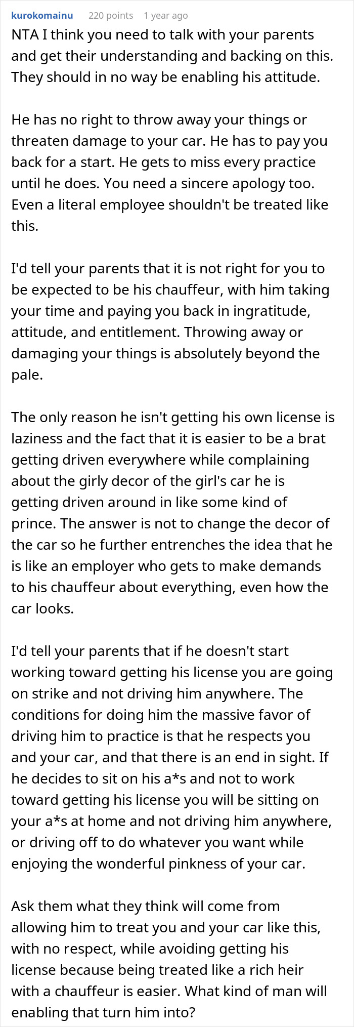 Screenshot of a Reddit comment discussing a sister refusing to drive ungrateful brother who damaged her girly car.
