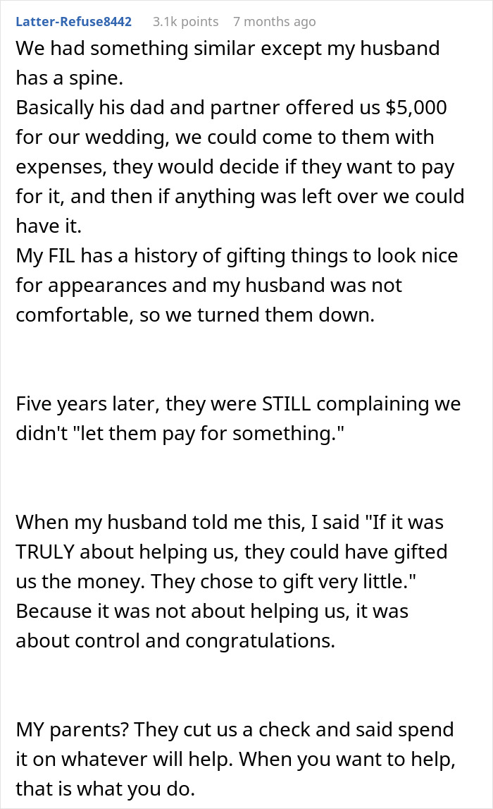 Reddit post discussing manipulative gift from MIL seen as a controlling and not truly generous gesture in family dynamics.